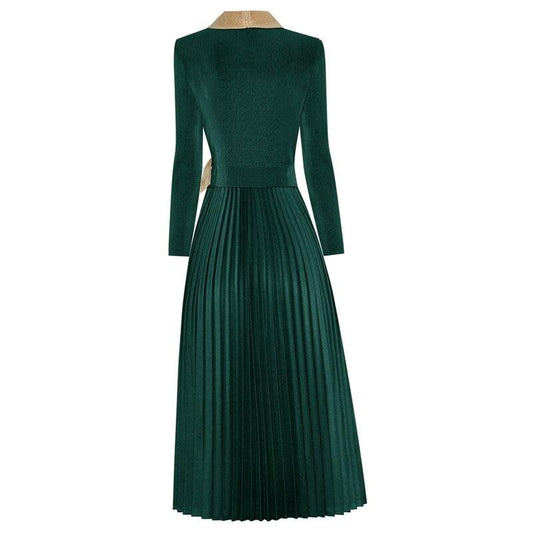 Long sleeve vintage Slim with bow Buttons Pleated dress Women