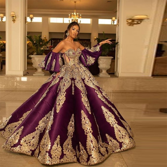 Purple Off Shoulder Ball Gown Moroccan Evening Dress