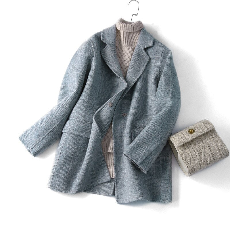Elegant Office Chic Wool Blend Khaki Blue Winter Coats