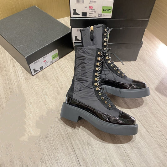 レディース パテントレザー パッチワーク ショートブーツ