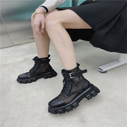 ラウンドトゥ プラットフォーム クロスタイ レディース アンクルブーツ