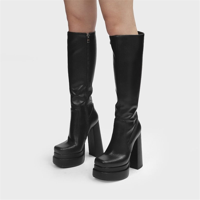 女性用 ダブルレイヤー プラットフォーム スクエアトゥ ビッグサイズ ブーツ