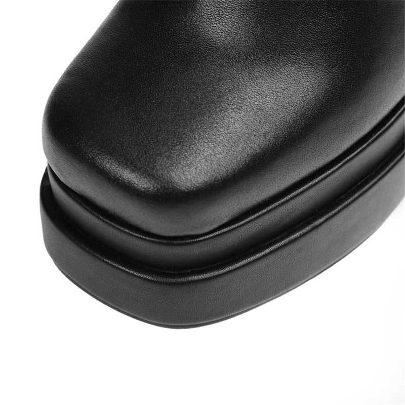 女性用 ダブルレイヤー プラットフォーム スクエアトゥ ビッグサイズ ブーツ