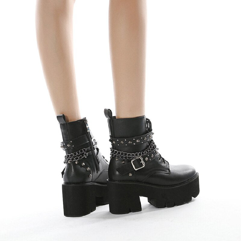 新しいファッション マーティンブーツ レディース プラットフォームシューズ リベットベルト