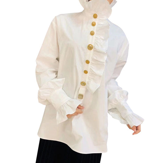 女性用パッチワークフリルシャツ タートルネック フレア 長袖