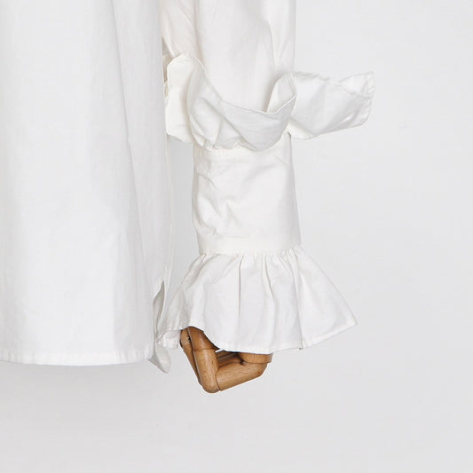 女性用パッチワークフリルシャツ タートルネック フレア 長袖