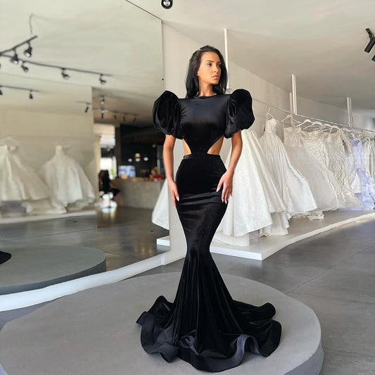 Black Elegant Mermaid Evening Dresses Puff Sleeves Backless