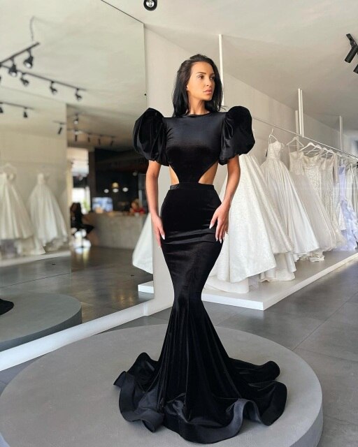 Black Elegant Mermaid Evening Dresses Puff Sleeves Backless