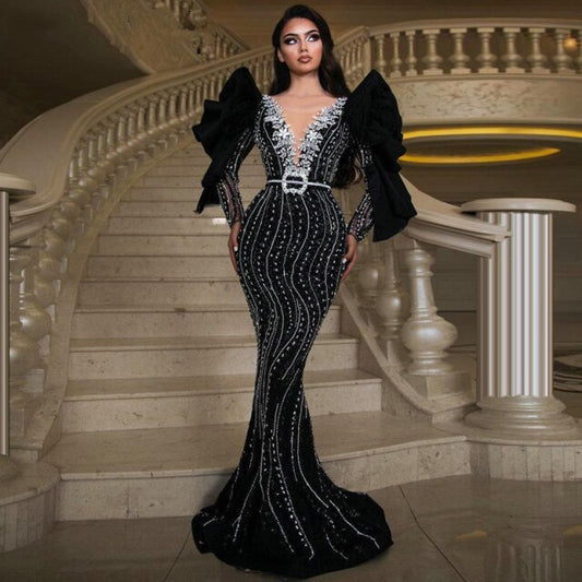 Dubai Black Long Sleeve Mermaid Evening Dresses
