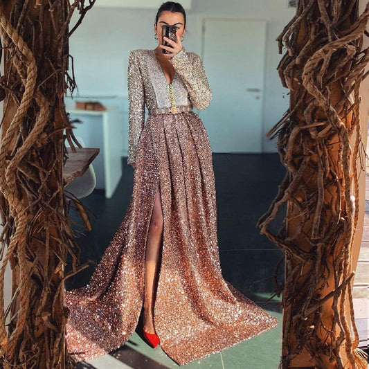 Champagne Sexy V-Neck Moroccan Caftan Dress