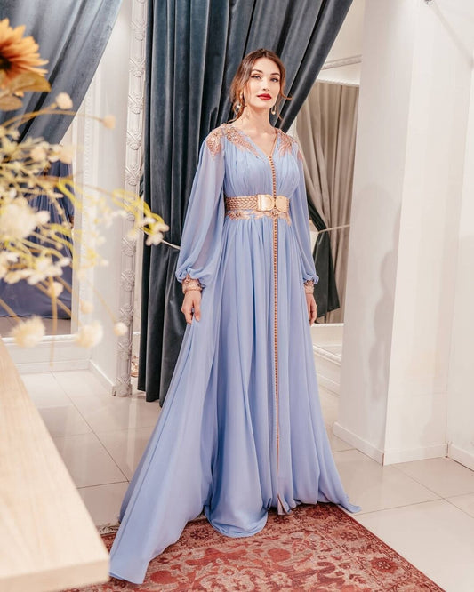 ライトブルーの絶妙なエレガントなイブニングドレス Vネック