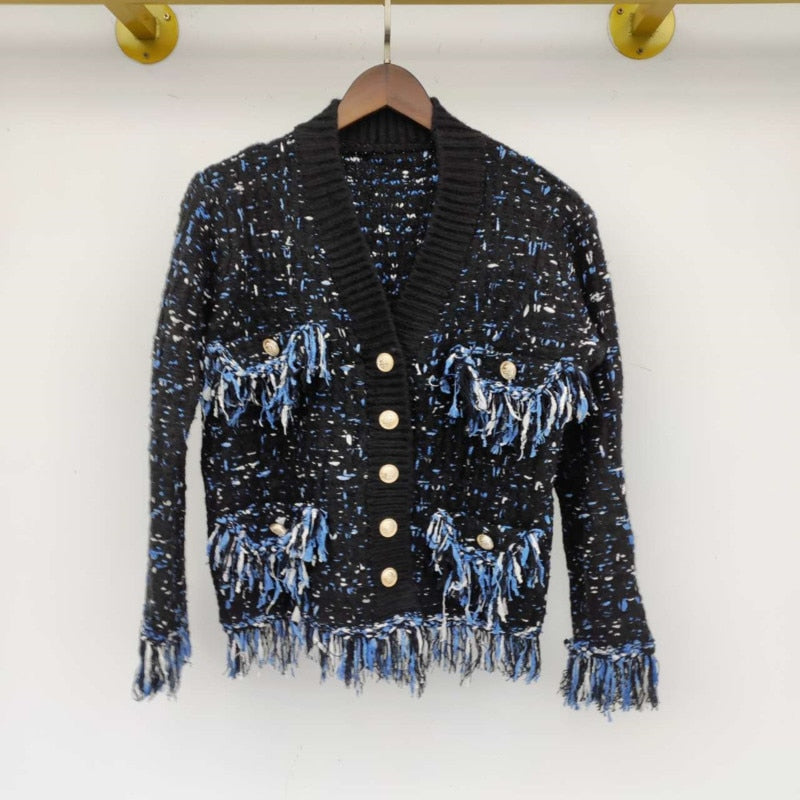 Korea Chic Tassel Wool Mixed Color Knitted  Sweater Coat