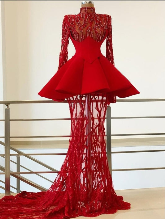 ハイカラーフルスリーブセクシーロングプロムガウン