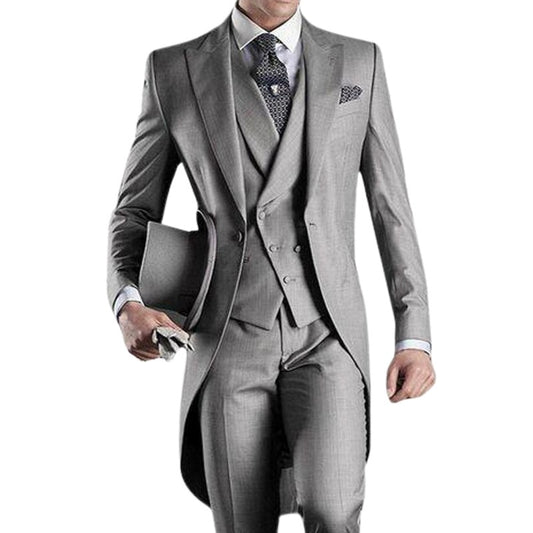 Gray Wedding Men Tail Coat 3 Piece Groom Tuxedo Suits