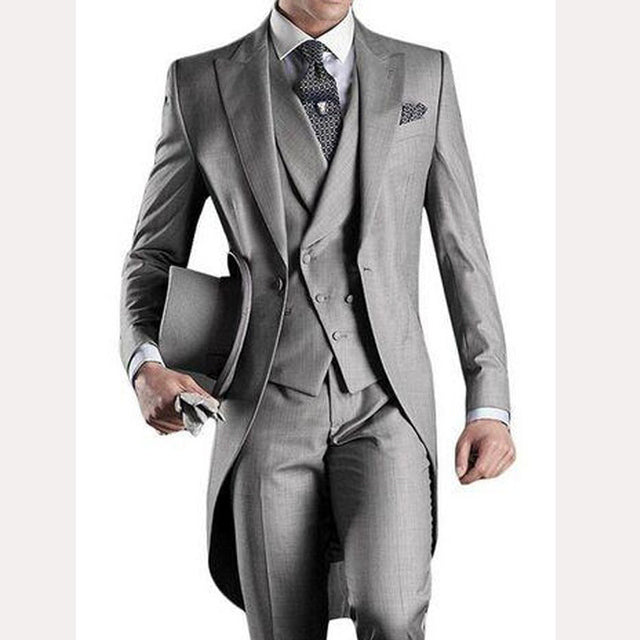 Gray Wedding Men Tail Coat 3 Piece Groom Tuxedo Suits