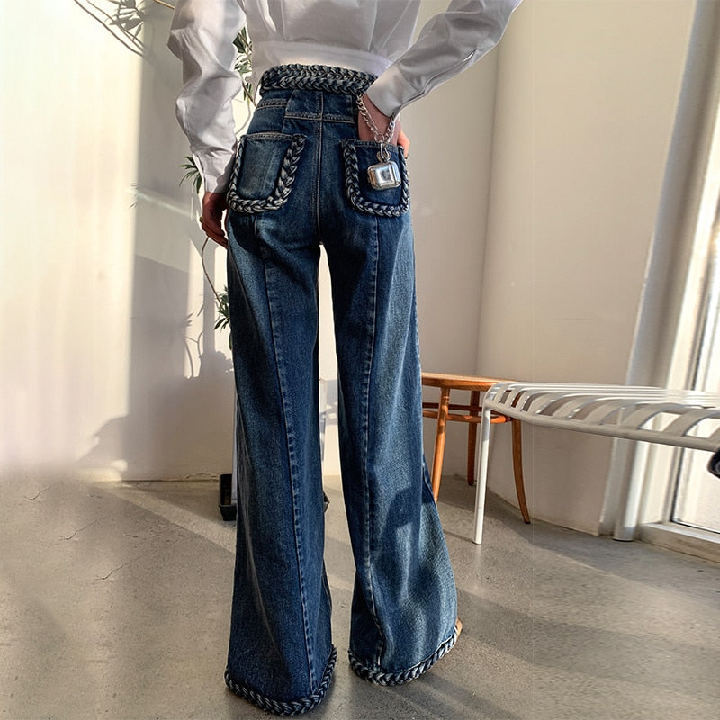 Casual Blue Denim Trousers For Women High Waist Loose