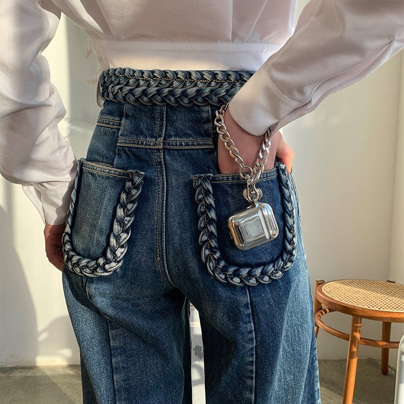 Casual Blue Denim Trousers For Women High Waist Loose