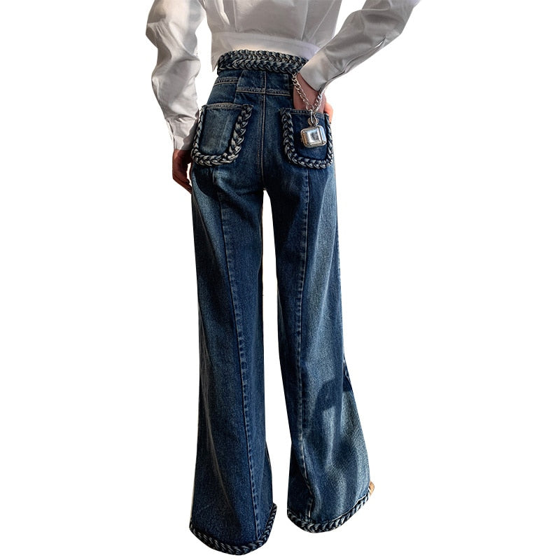 Casual Blue Denim Trousers For Women High Waist Loose