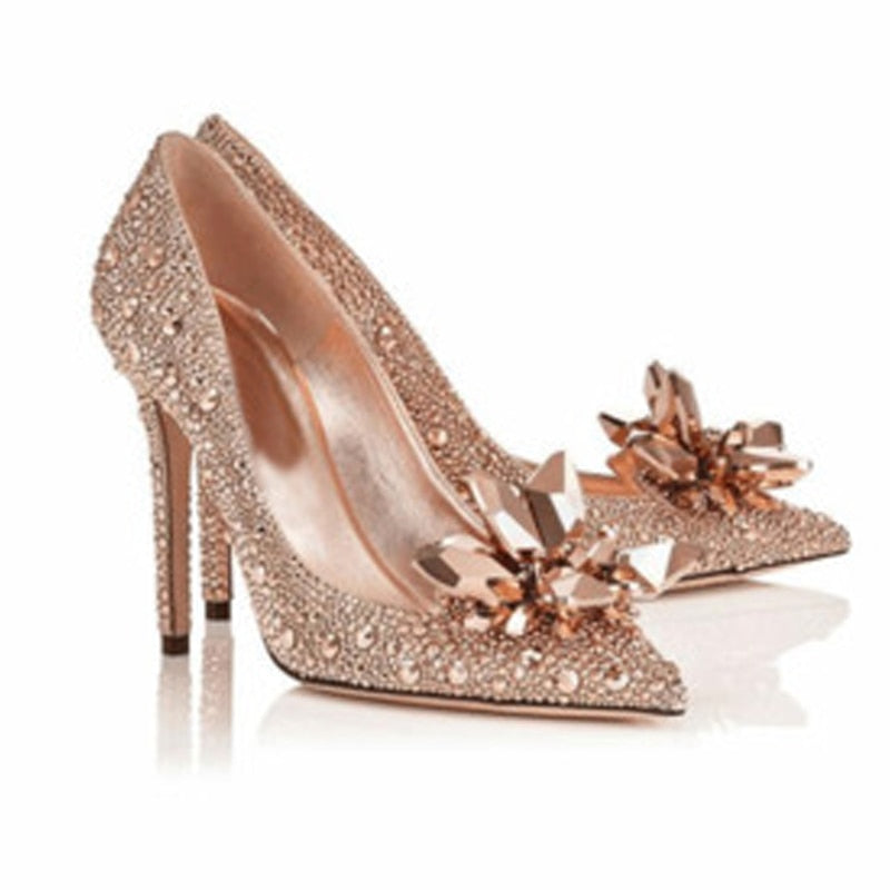 Cinderella crystal gold dress bridal shoes silver pointed wedding shoes