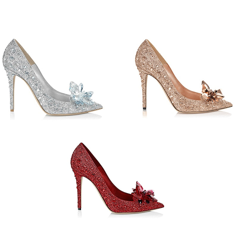 シンデレラ クリスタル ゴールド ドレス ブライダル シューズ シルバー ポインテッド ウェディング シューズ