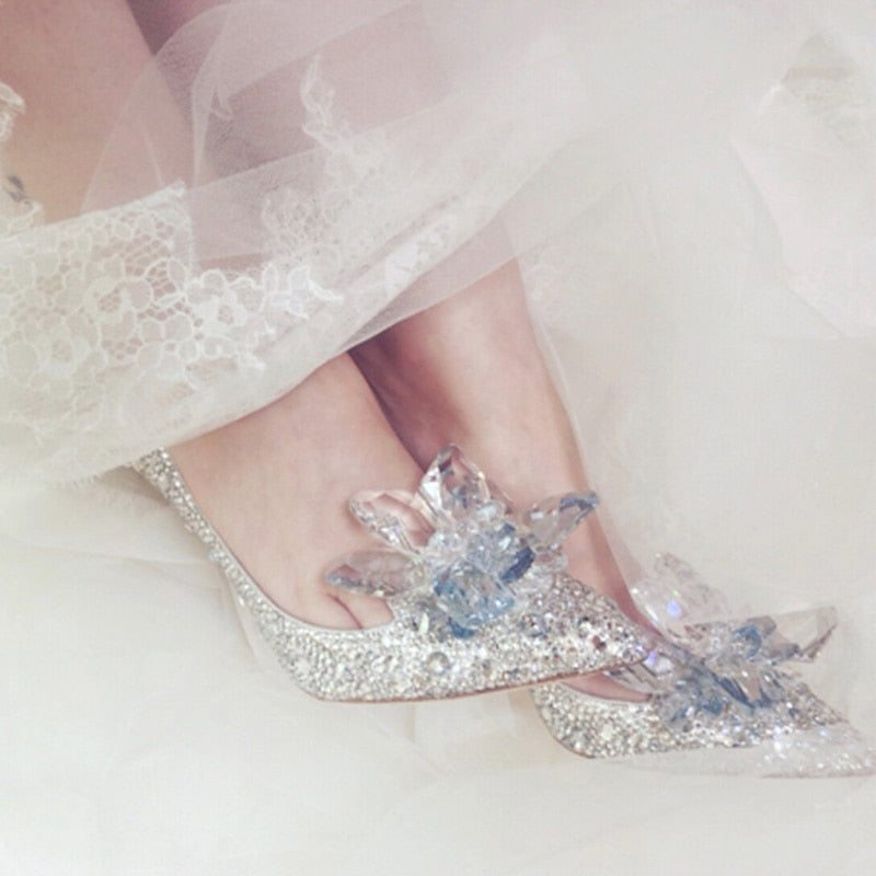 Cinderella crystal gold dress bridal shoes silver pointed wedding shoes