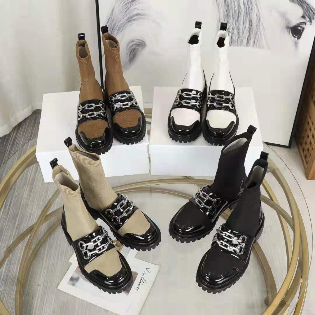 レディース 新作 パテントレザー ウール プラットフォーム ソックス ブーツ