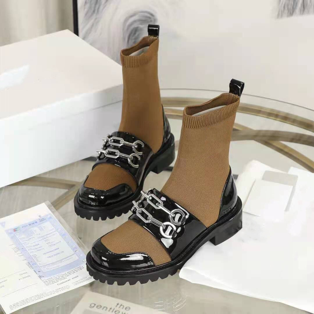 レディース 新作 パテントレザー ウール プラットフォーム ソックス ブーツ