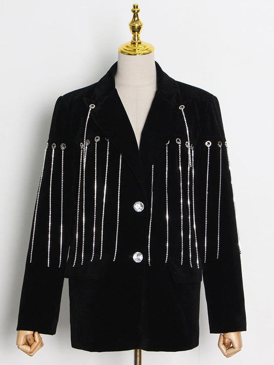 Black Casual Patchwork Diamonds Tassel Female Jacket