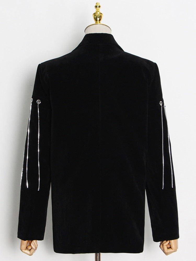 ブラック カジュアル パッチワーク ダイヤモンド タッセル レディース ジャケット