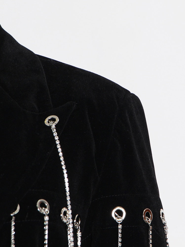 ブラック カジュアル パッチワーク ダイヤモンド タッセル レディース ジャケット