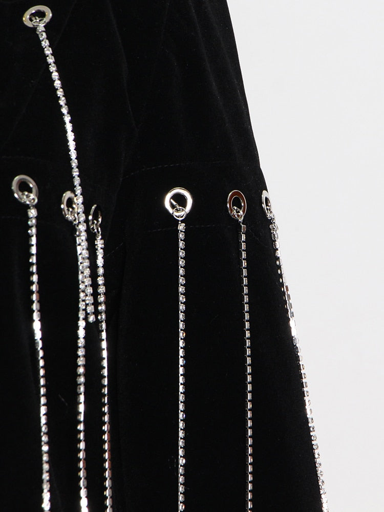 ブラック カジュアル パッチワーク ダイヤモンド タッセル レディース ジャケット