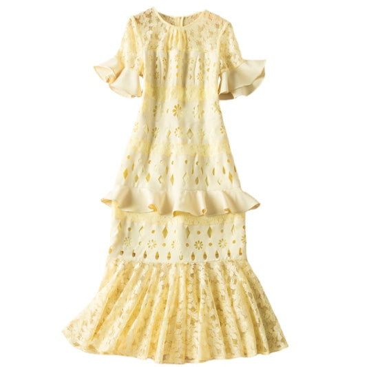 Fashion Short Sleeve Lace Patchwork Hollow Elegant Party Dress