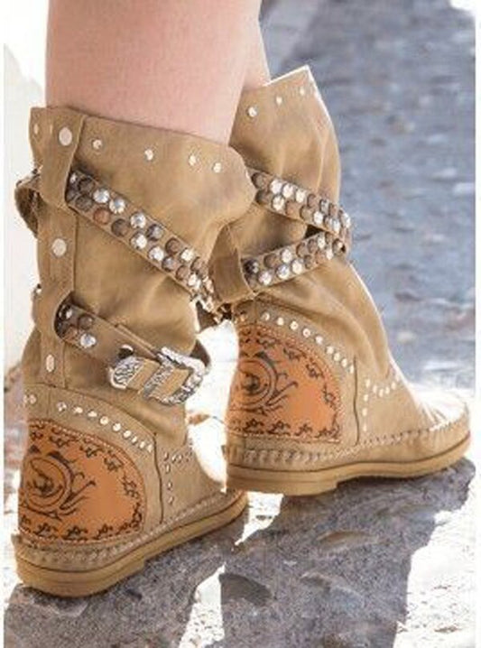 レディース リベット スタッズ バックル ベルト ミドル丈ブーツ