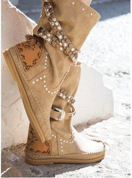 レディース リベット スタッズ バックル ベルト ミドル丈ブーツ