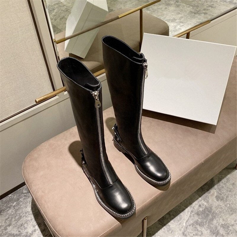 Women Low Heel Buckle Patchwork Punk Cool Motorcycle Boots