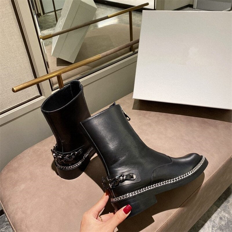 Women Low Heel Buckle Patchwork Punk Cool Motorcycle Boots