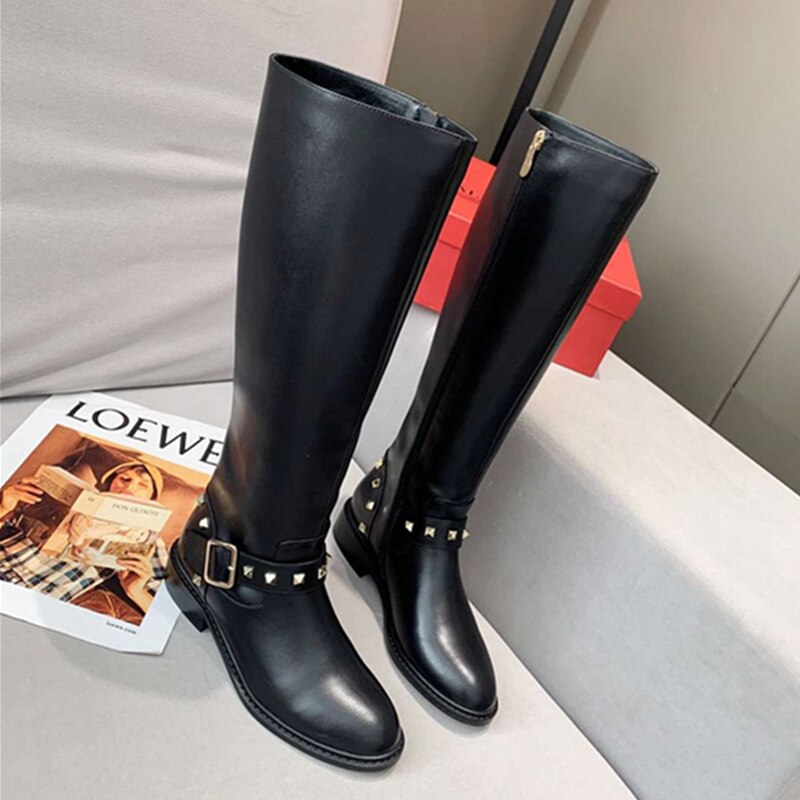 Women Long Short Motorcycle Boots Knee High Round Toe