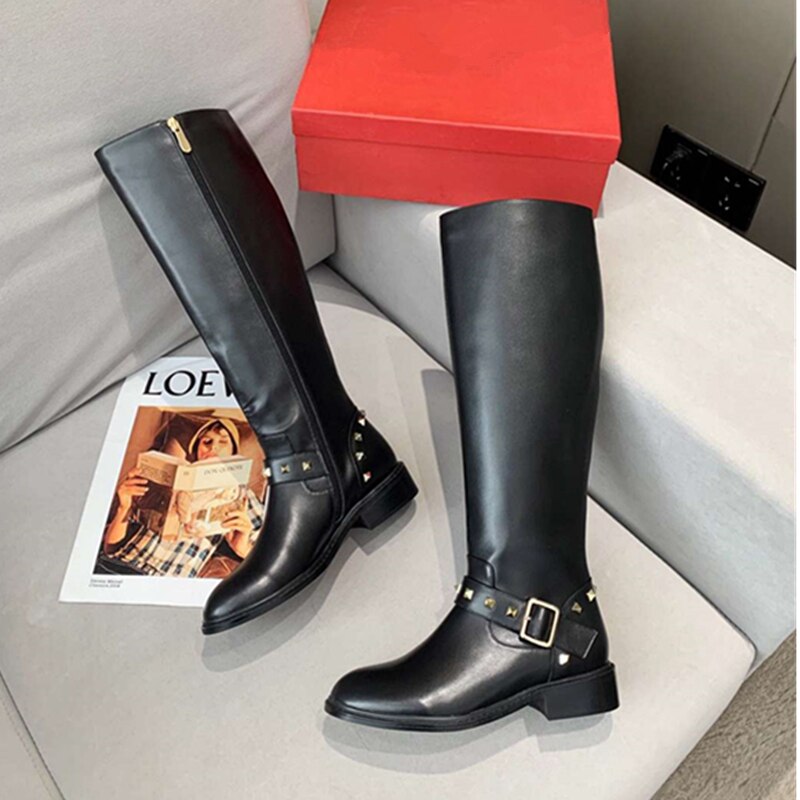 Women Long Short Motorcycle Boots Knee High Round Toe