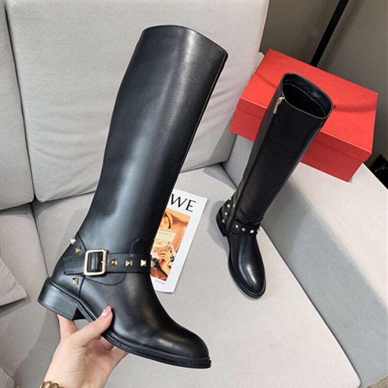 Women Long Short Motorcycle Boots Knee High Round Toe