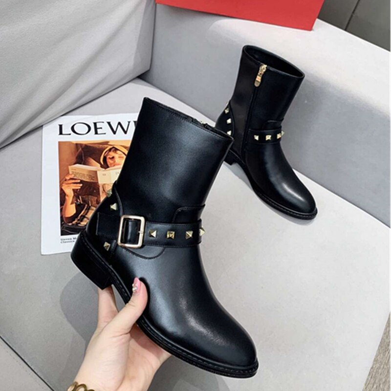 Women Long Short Motorcycle Boots Knee High Round Toe