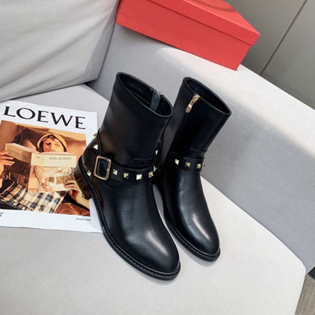 Women Long Short Motorcycle Boots Knee High Round Toe