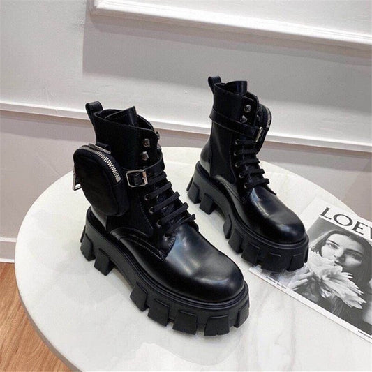 レディース モーターサイクルブーツ 厚底 レースアップ ラウンドトゥ