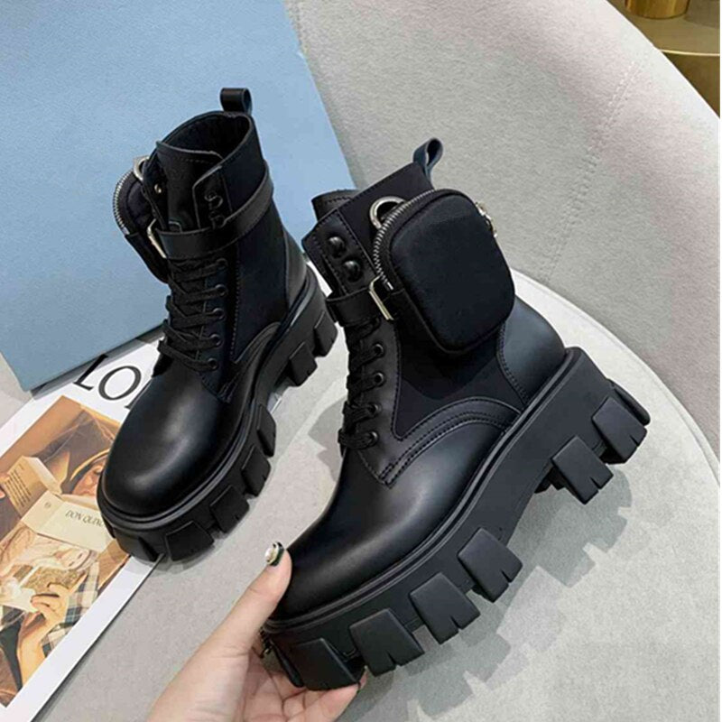 レディース モーターサイクルブーツ 厚底 レースアップ ラウンドトゥ