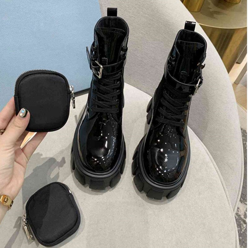 レディース モーターサイクルブーツ 厚底 レースアップ ラウンドトゥ