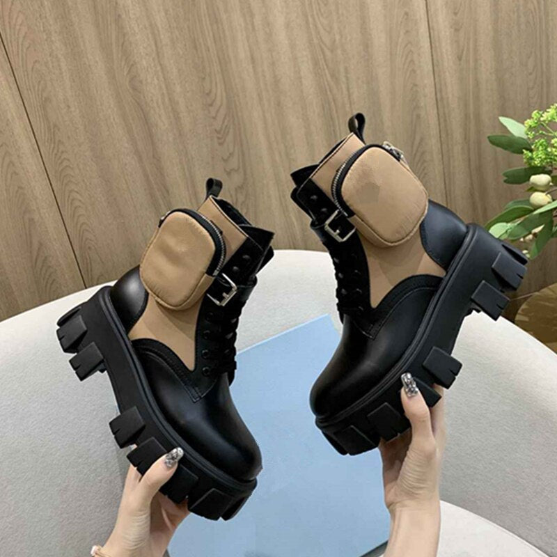 レディース モーターサイクルブーツ 厚底 レースアップ ラウンドトゥ