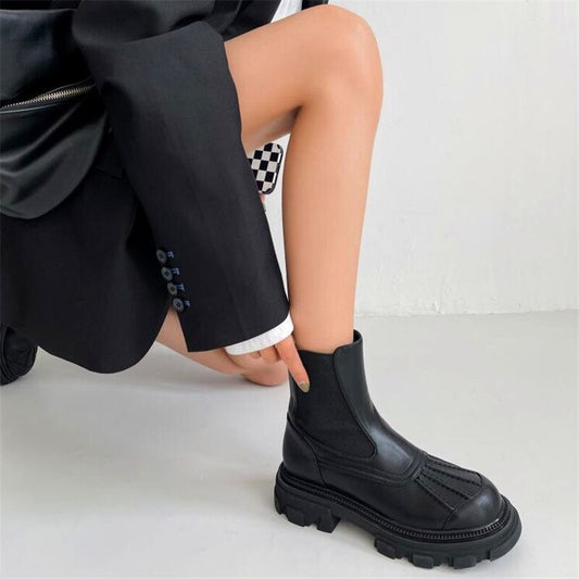 ハイヒールブーツ 丸いつま先 厚底