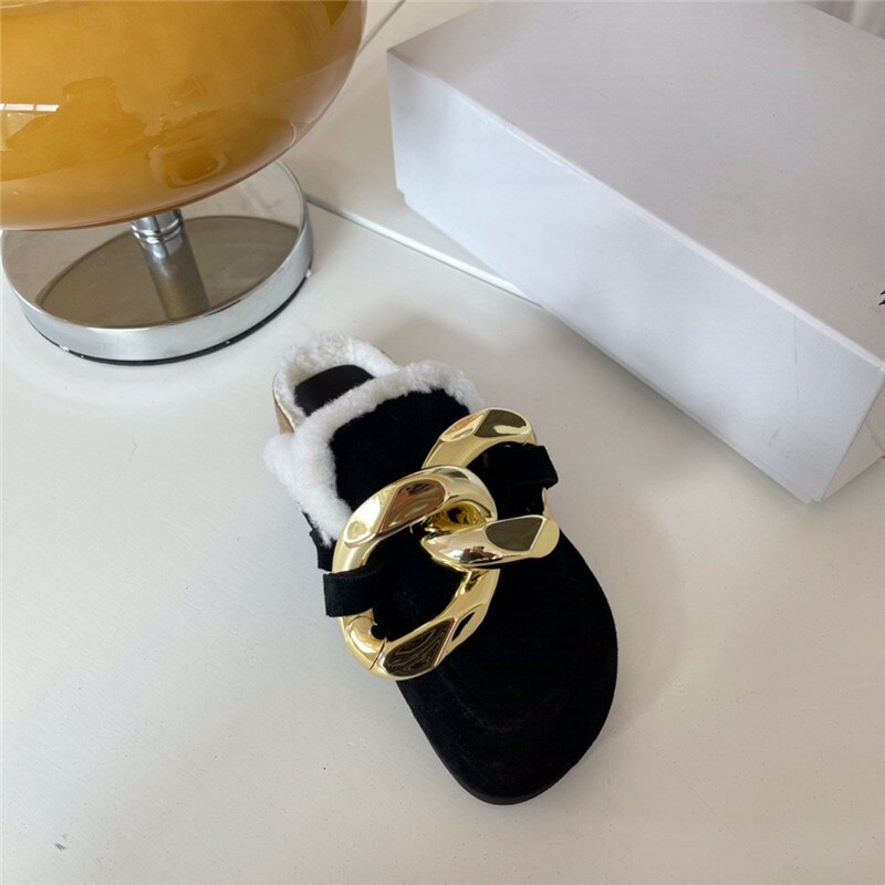 Ladies Slippers with Metal Chain Decoration Wool Round toe