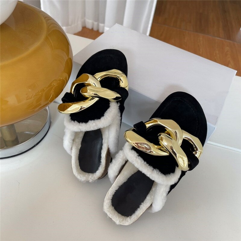 Ladies Slippers with Metal Chain Decoration Wool Round toe