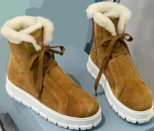 レザーウールデザインレディースフラットボトムラウンドトゥアンクルブーツ