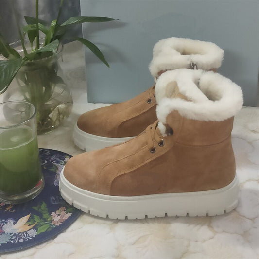 レザーウールデザインレディースフラットボトムラウンドトゥアンクルブーツ